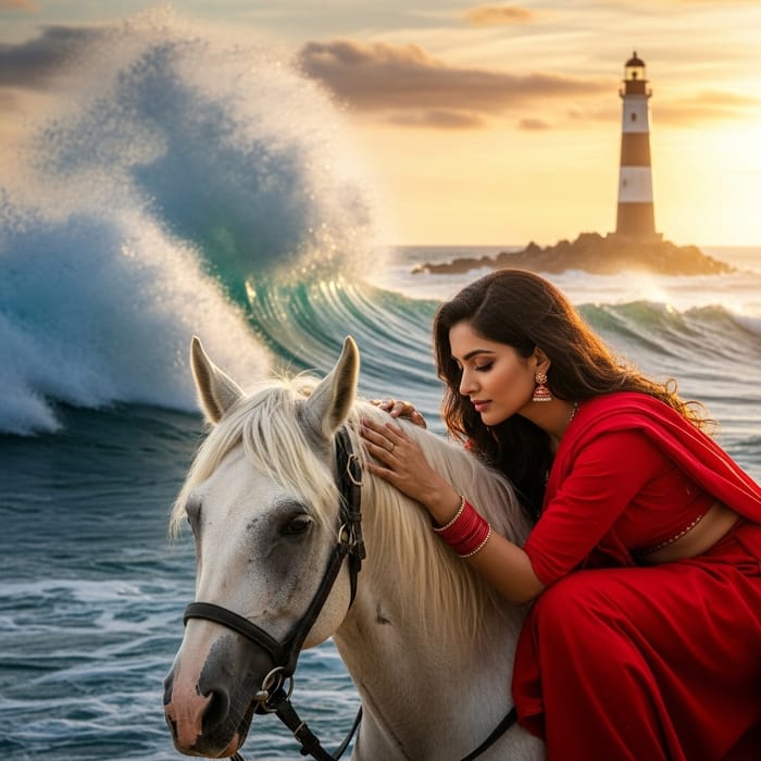 Alluring South Asian Woman in Red with Majestic Horse at Lighthouse