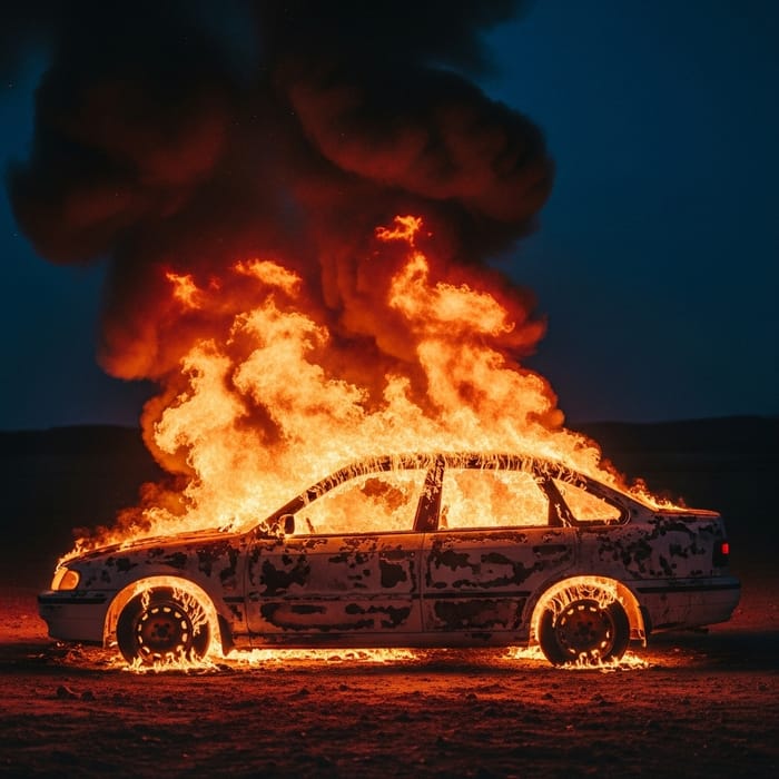 Burning Car: Intense Nighttime Scene Burning Car: Intense Nighttime Scene