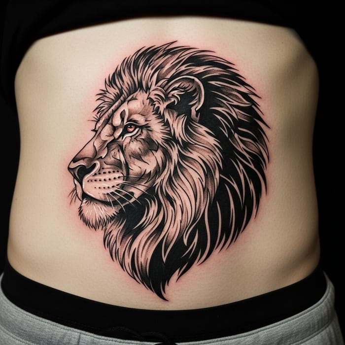 Intricate Tribal Lion Tattoo for Lower Abdomen Intricate Tribal Lion Tattoo for Lower Abdomen