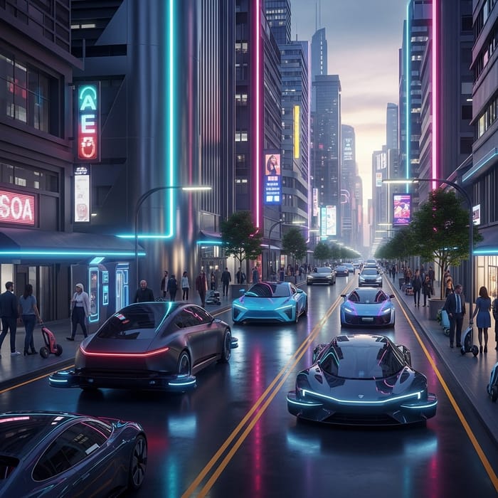 Electric Vehicles in a Futuristic Cityscape Electric Vehicles in a Futuristic Cityscape
