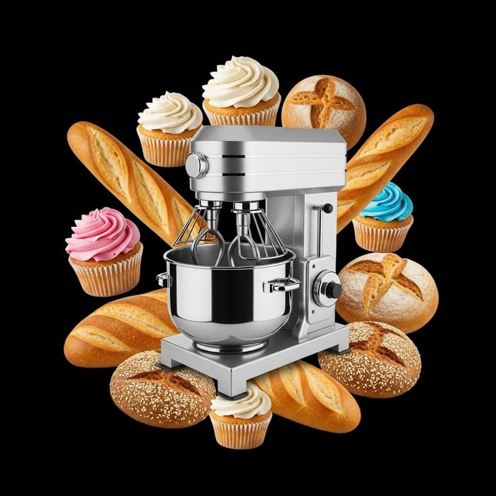 Simple Dough Mixer Logo Design with Breads & Cupcakes