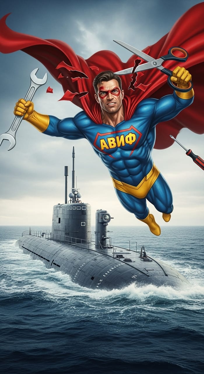 Superpowered Hero Approaching Submarine with Wrench and Screwdriver