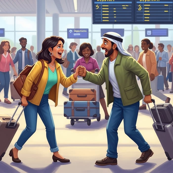 Multiethnic Airport Reunion: Heartwarming Embrace of Long-Lost Friends