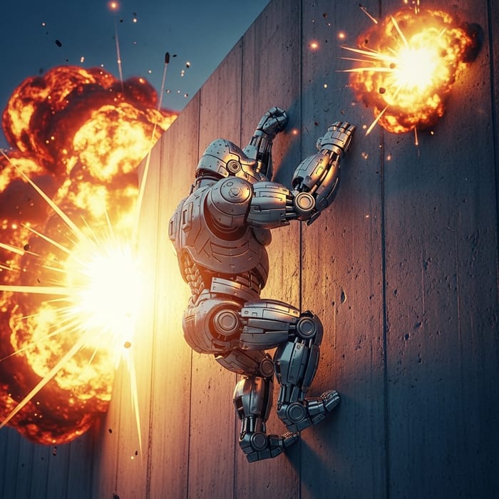 Gorilla Robot Scaling Wall Amid Colorful Comic Explosions