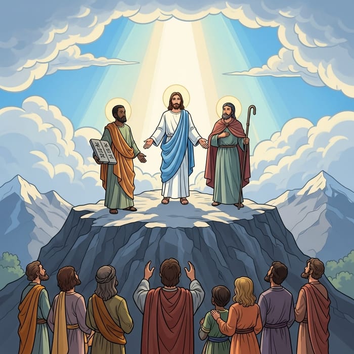 Transfiguration on Mount Tabor: Biblical Scene with Jesus, Moses, and Elijah