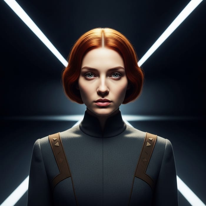 Red-Haired Woman with Light Eyes in Kubrickesque Cinematic Style Red-Haired Woman with Light Eyes in Kubrickesque Cinematic Style