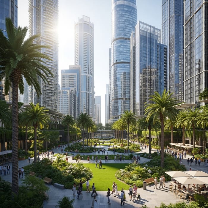 Modern City with Lush Gardens, Palm Trees & High-rise Buildings Modern City with Lush Gardens, Palm Trees & High-rise Buildings