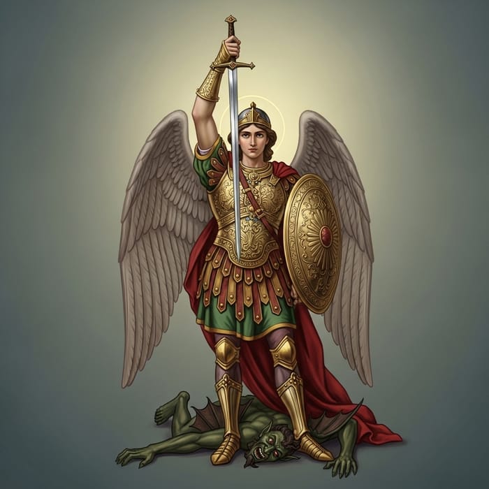 Archangel Michael in Elaborate Gold Armor Defeating Demon Archangel Michael in Elaborate Gold Armor Defeating Demon