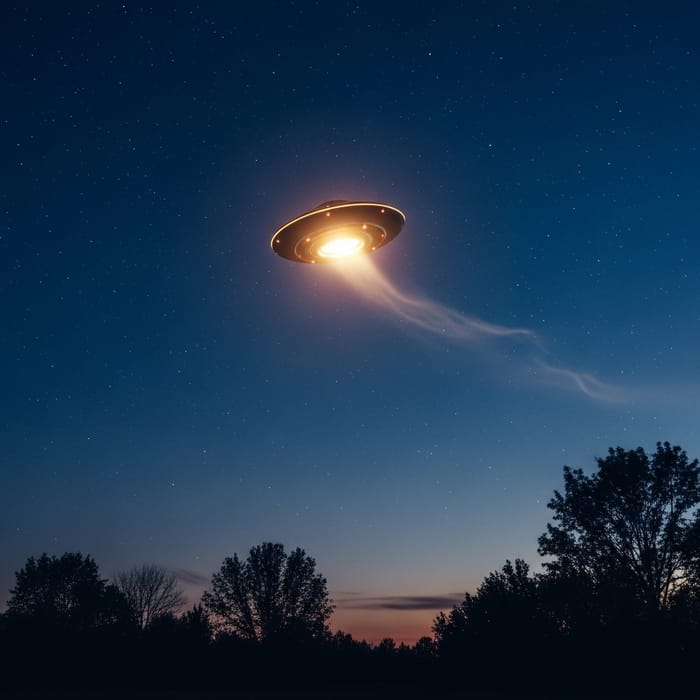 Ethereal UFO Soaring Through Twilight Sky Ethereal UFO Soaring Through Twilight Sky
