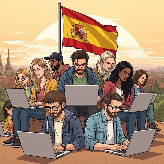 Digital Nomads Working in Spain - Sketch Illustration