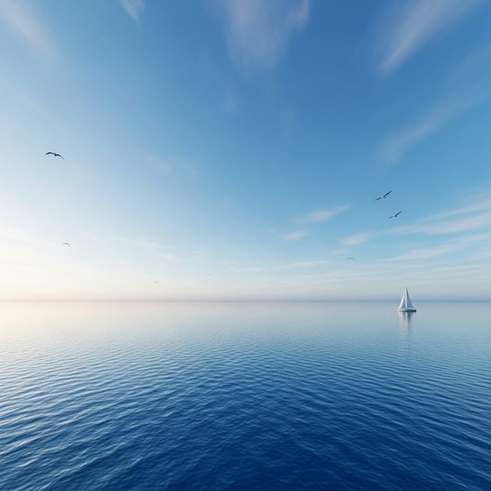Tranquil Seaside Sunset Scene with Boat and Seagulls