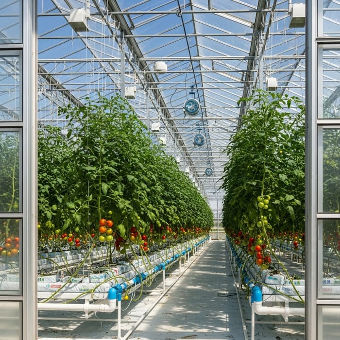 Hydroponic Tomato Cultivation in a Sunlit Greenhouse
