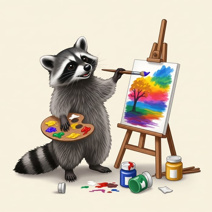 Creative Raccoon Paints Vibrant Landscape - Wildlife Art Creative Raccoon Paints Vibrant Landscape - Wildlife Art