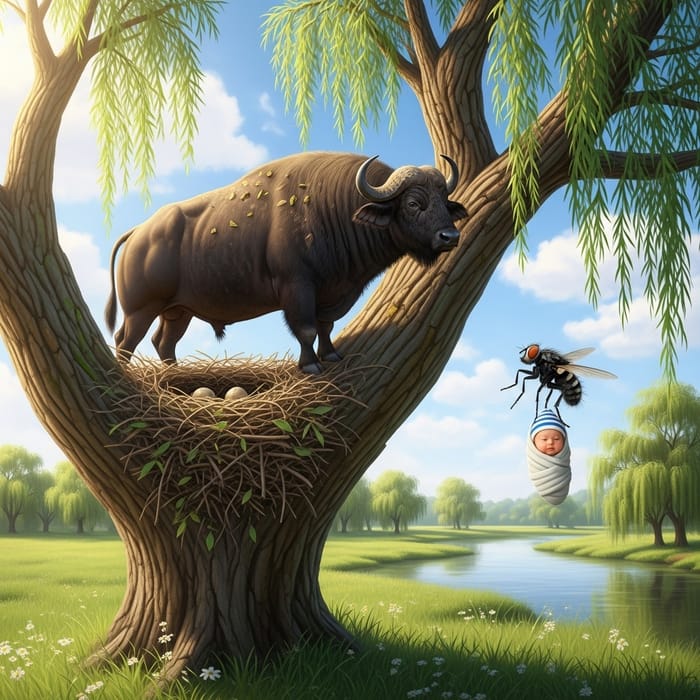 Buffalo Nest on Willow Branch - Unique Nature Scene with a Surprising Twist