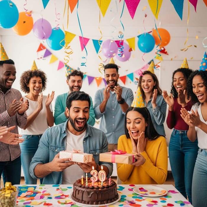 Colorful Birthday Celebration with Friends | Joyful 30th Birthday Fun - Diverse Party Scene in Home Setting Colorful Birthday Celebration with Friends | Joyful 30th Birthday Fun - Diverse Party Scene in Home Setting