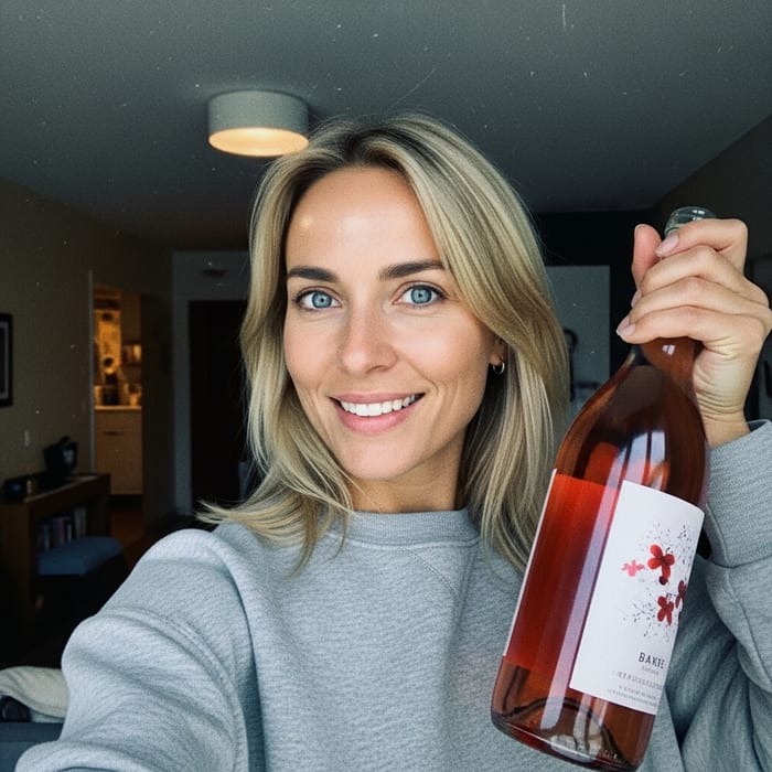 Blonde Woman Selfie with Blue Eyes and Rose Wine