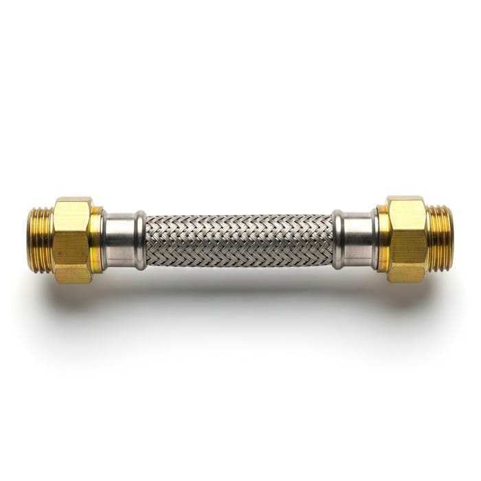 Stainless Steel Braided Gas Pipe on White Background Stainless Steel Braided Gas Pipe on White Background