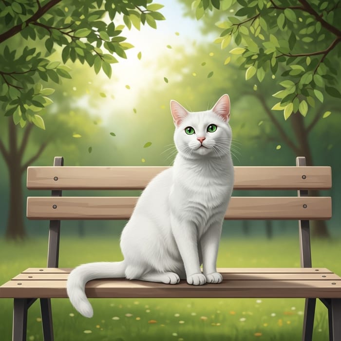 Serene White Cat Enjoying Sunlight on Garden Patio