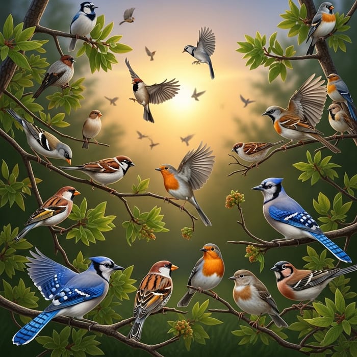 Enchanting Birds Perched in Springtime Forest at Dusk