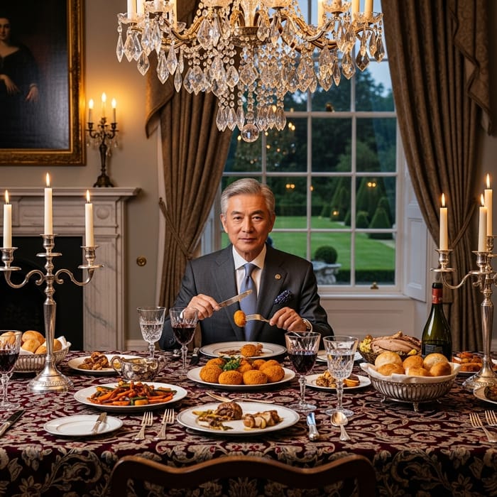 Dignified Asian Governor Savoring Croquette | Lavish Dining Scene Dignified Asian Governor Savoring Croquette | Lavish Dining Scene
