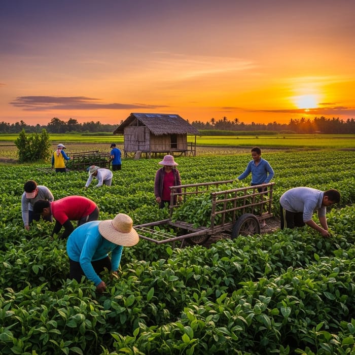 Filipino Farmers at Sunset in Lush Fields Filipino Farmers at Sunset in Lush Fields