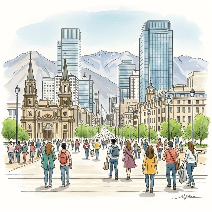 Watercolor Travel Art of Santiago City Scene Watercolor Travel Art of Santiago City Scene