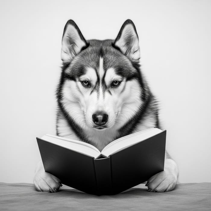 Majestic Husky Engrossed in Book: Vintage Monochrome Elegance Majestic Husky Engrossed in Book: Vintage Monochrome Elegance