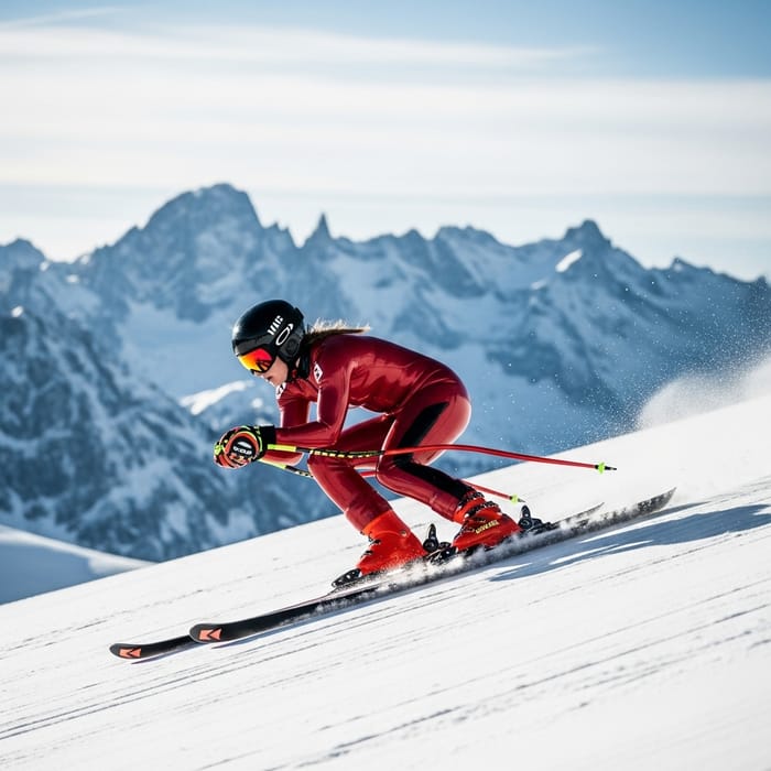 Female Skier in Red Latex Suit Speeding Downhill on Snowy Slope Female Skier in Red Latex Suit Speeding Downhill on Snowy Slope