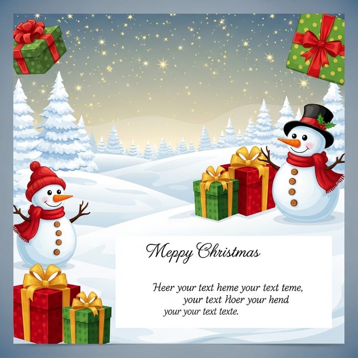 Festive Christmas Postcard with Snowmen and Gifts
