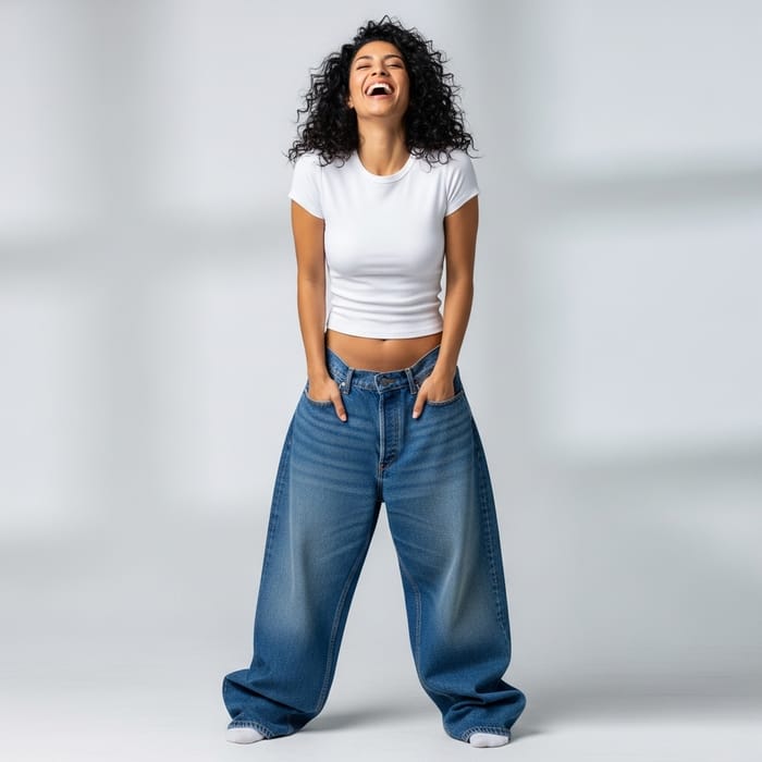 Laughing Woman in Oversized Jeans | Joyful & Standing Laughing Woman in Oversized Jeans | Joyful & Standing