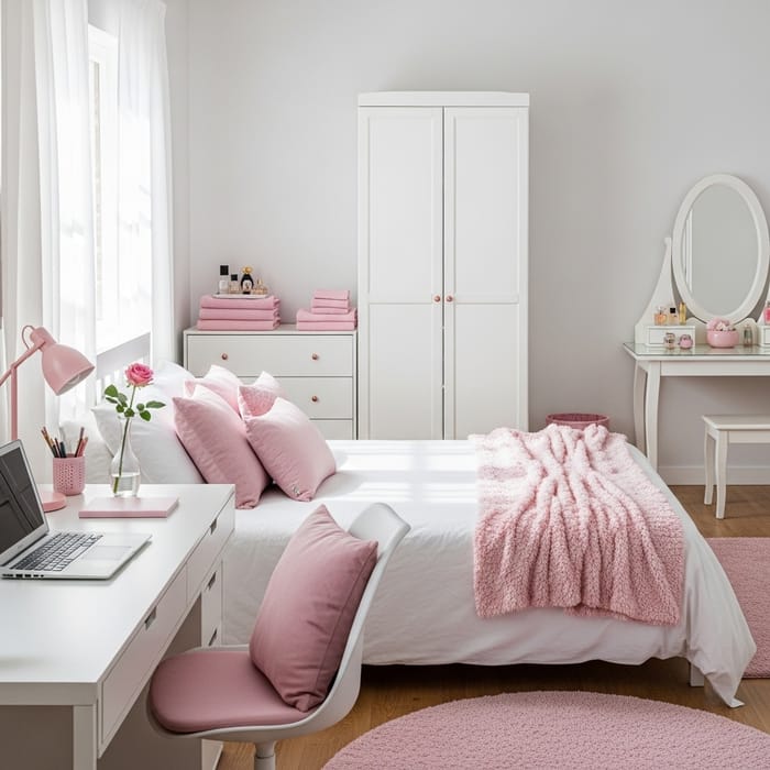 Charming White Bedroom with Pink Accents Charming White Bedroom with Pink Accents