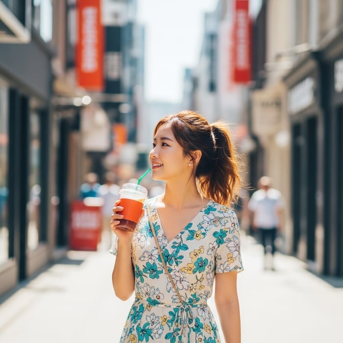 Bright Summer Vibes: East Asian Woman In Good Mood City Stroll