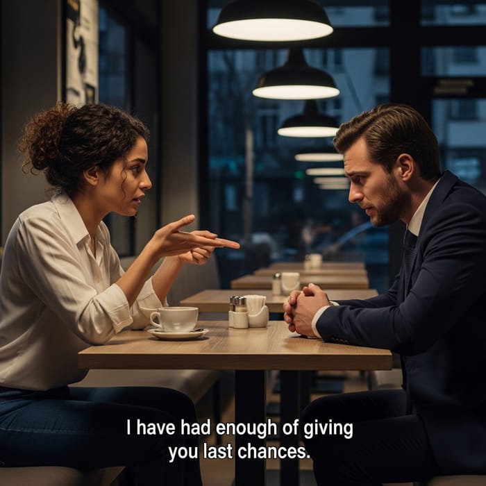 Exasperated woman ends giving last chances to man in quiet cafe Exasperated woman ends giving last chances to man in quiet cafe