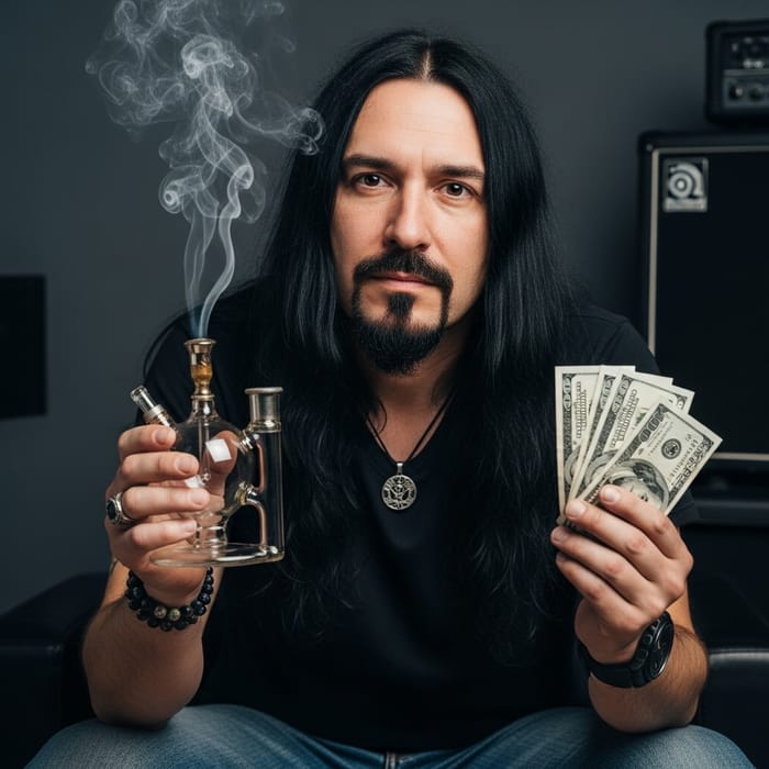 Musician Holding Bong with Money - Lifestyle Scene Musician Holding Bong with Money - Lifestyle Scene