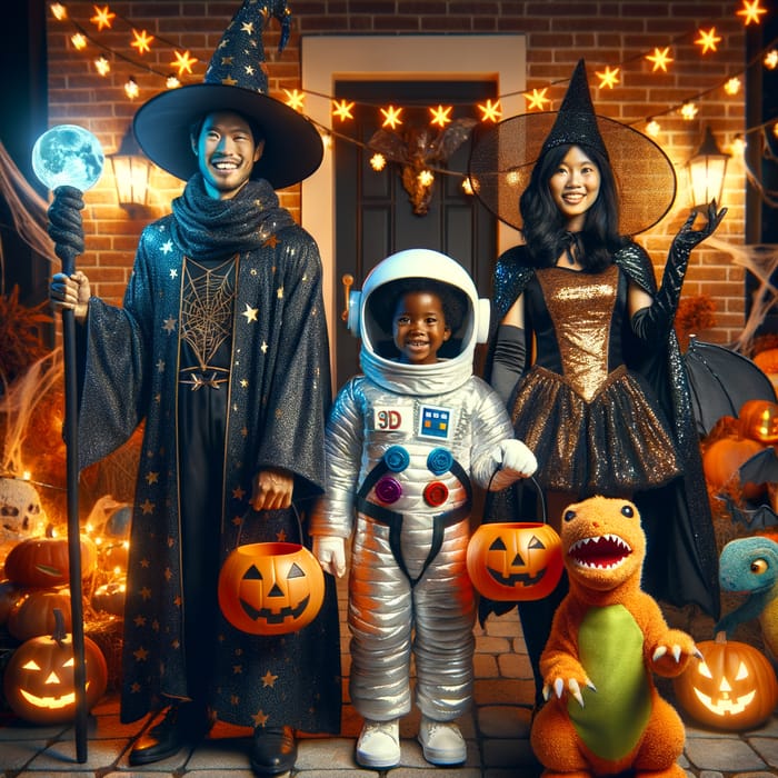 Vibrant Halloween Costume Scene with Wizard, Astronaut & Dinosaur