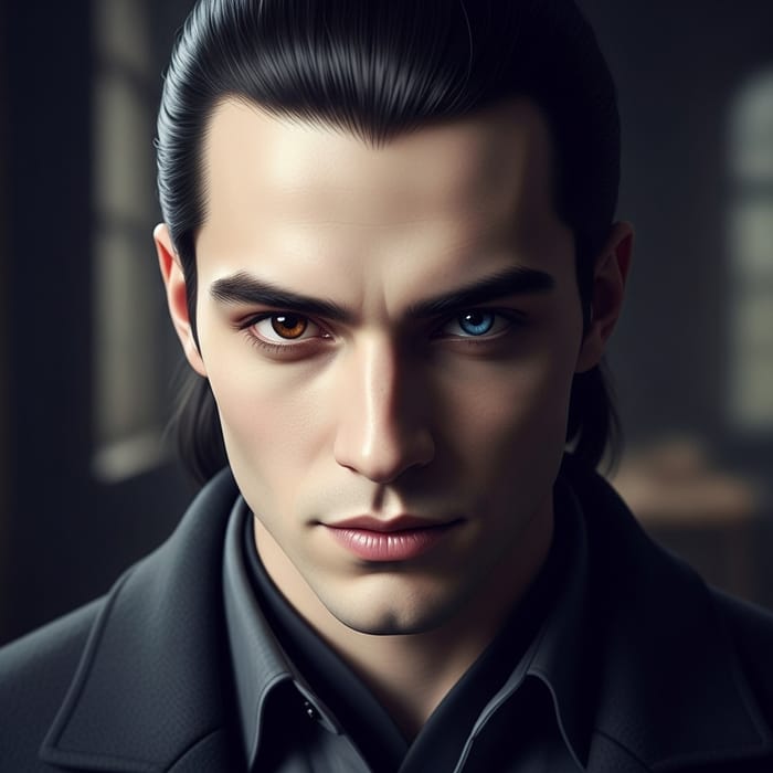 Mysterious Young Man with Dark Hair and Heterochromia in Dark Attire