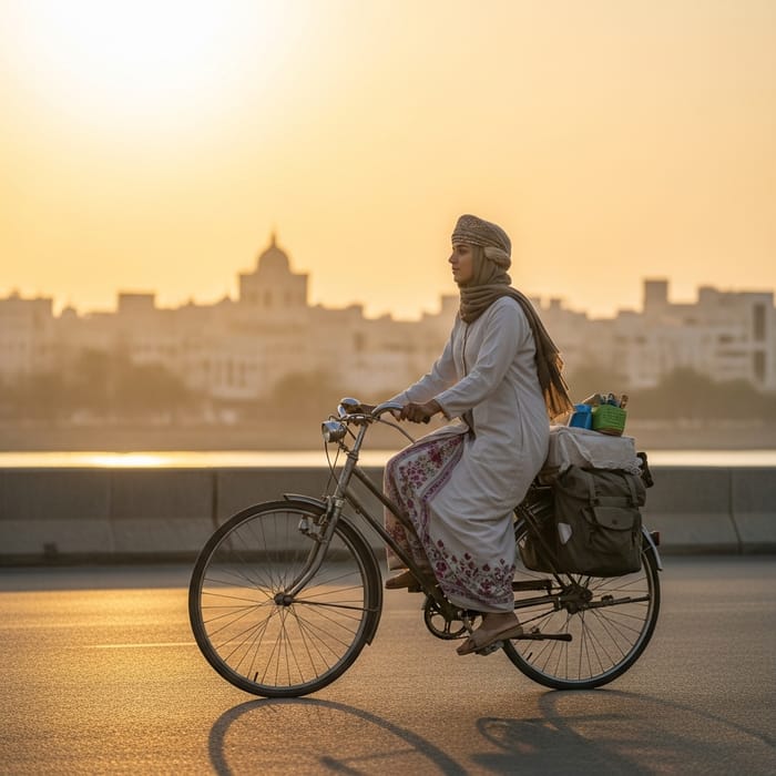 Omani Girl Biking to Work | Traditional Attire & City Silhouette Omani Girl Biking to Work | Traditional Attire & City Silhouette