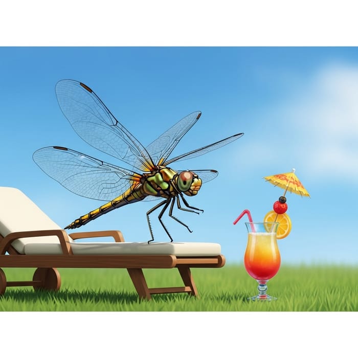 Dragonfly Relaxing on Sun Lounger with Cocktail