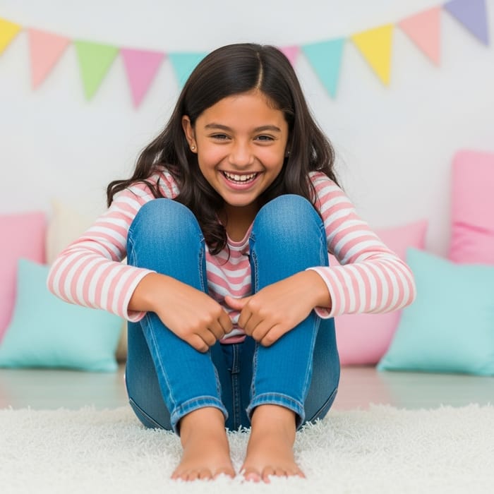 Playful 13-Year-Old Girl Giggling While Tickled on Soft Rug Playful 13-Year-Old Girl Giggling While Tickled on Soft Rug