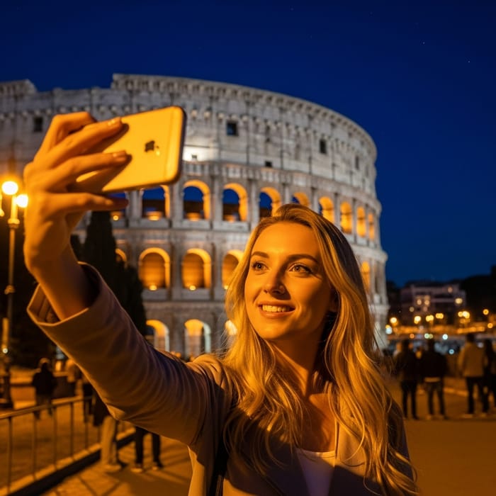 Blonde Girl Taking Selfie at Night in Front of Colosseum