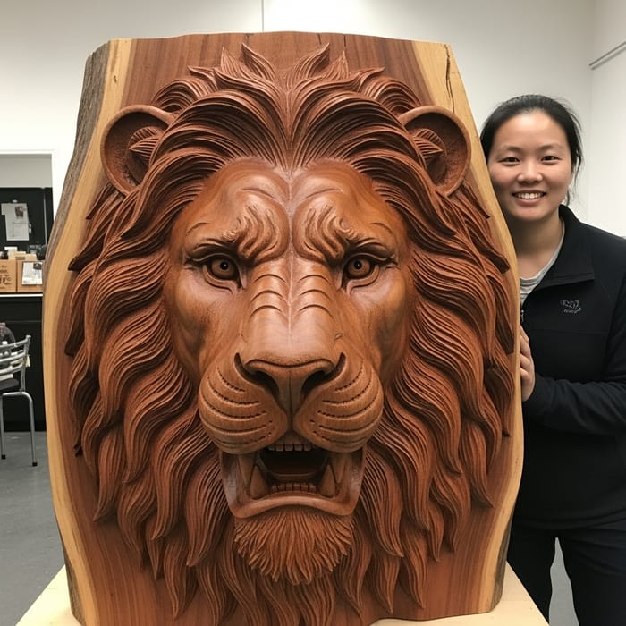 Photo-realistic Carved Lion Sculpture with Individual in a Well-lit Room