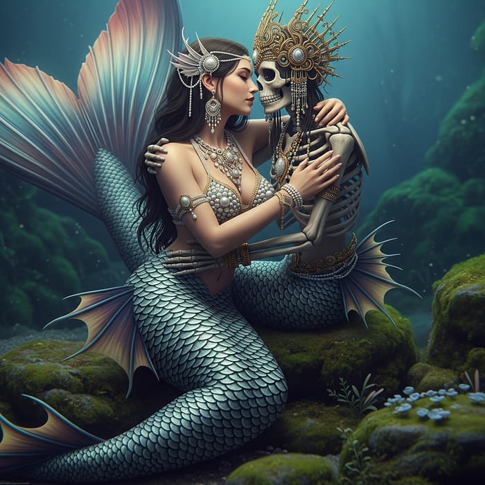 Ethereal Mermaid and Deity Embracing in Mystical Aquatic Portrait