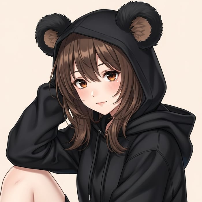 Adorable Girl with Black Bear Ears in Stylish Black Hoodie