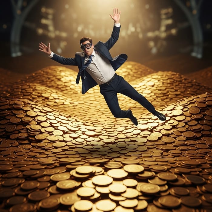 Man Diving into Gold Coins - Explore Golden Depths