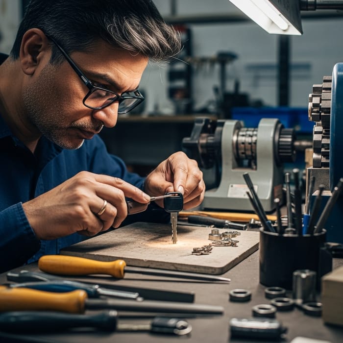 Expert Locksmith Crafting Car Key with Precision