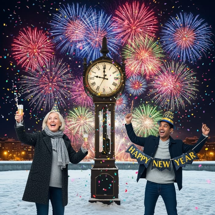 Happy New Year Celebration with Clock Striking Midnight and Fireworks Happy New Year Celebration with Clock Striking Midnight and Fireworks