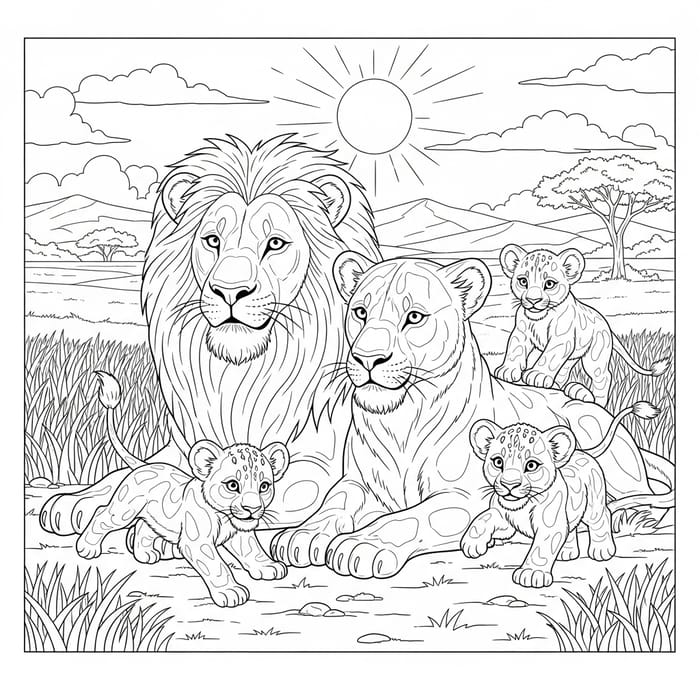 Lion and Family Coloring Page - Beautiful Scene for Kids Lion and Family Coloring Page - Beautiful Scene for Kids