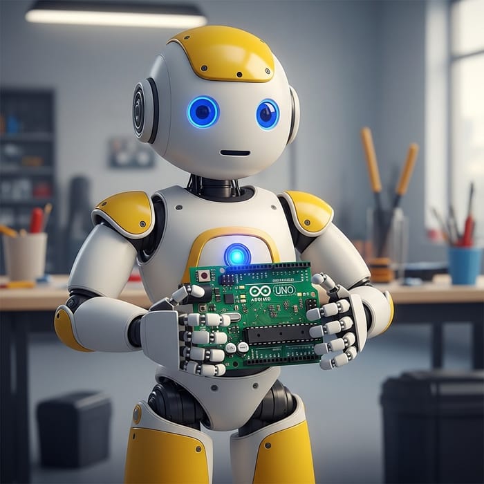 Full-Bodied Child-Like Robot Holding Arduino Board in White, Yellow, Blue Colors Full-Bodied Child-Like Robot Holding Arduino Board in White, Yellow, Blue Colors