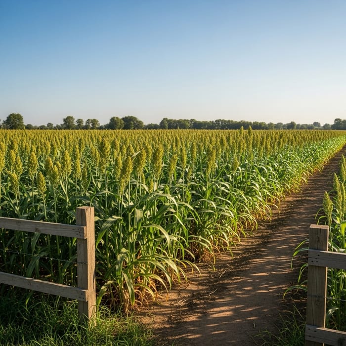 Sorghum Plot Photo: Lush Fields Under Clear Skies Sorghum Plot Photo: Lush Fields Under Clear Skies