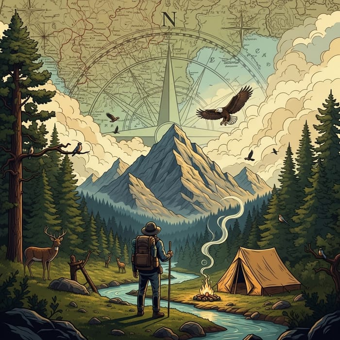 Adventure-Themed T-Shirt Design with Vintage Map, Compass, Mountain Range, Forest, and Wildlife Adventure-Themed T-Shirt Design with Vintage Map, Compass, Mountain Range, Forest, and Wildlife